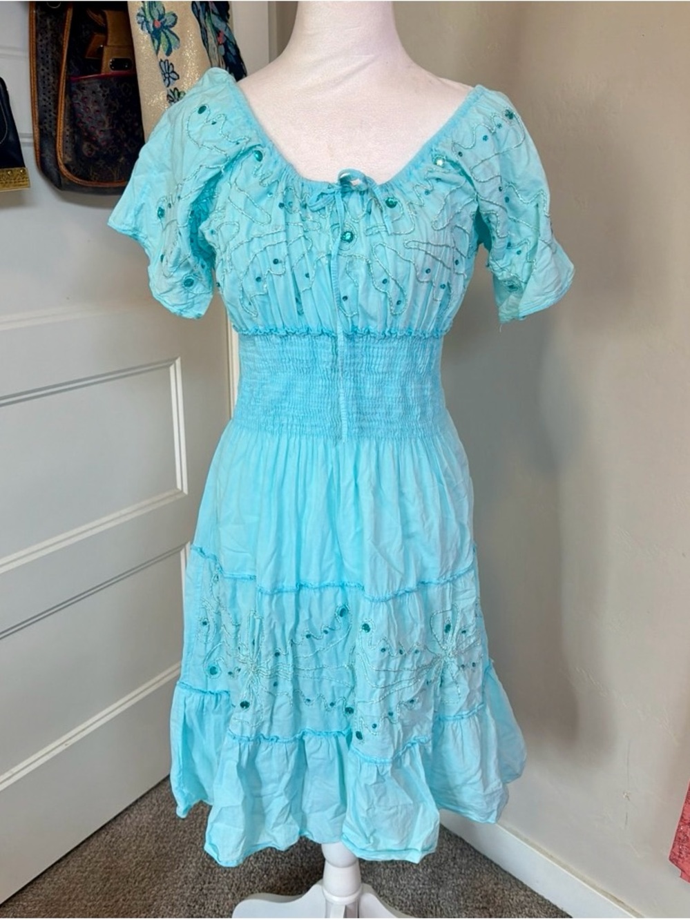 Women’s Aqua Embellished Smocked Waist Mini Peasant Renaissance Dress